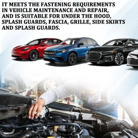 100 Piece Heavy Duty Auto Fastener Kit With Premium Steel Nylon Clips U Nuts Rivets shown during vehicle maintenance under the hood.