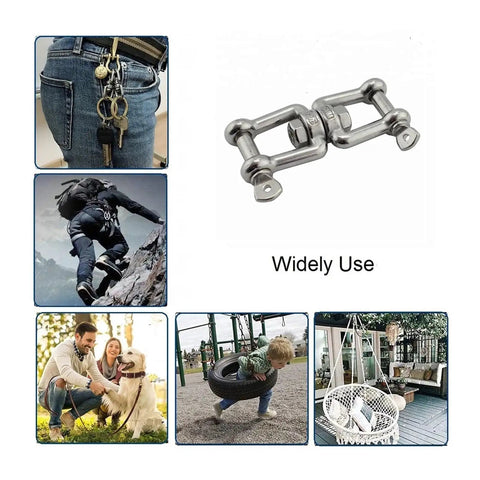 Slick 2 Pack Jaw And Jaw Anchor Swivels Crafted From Tough 304 Stainless Steel For Outdoor Jobs displayed with various uses.