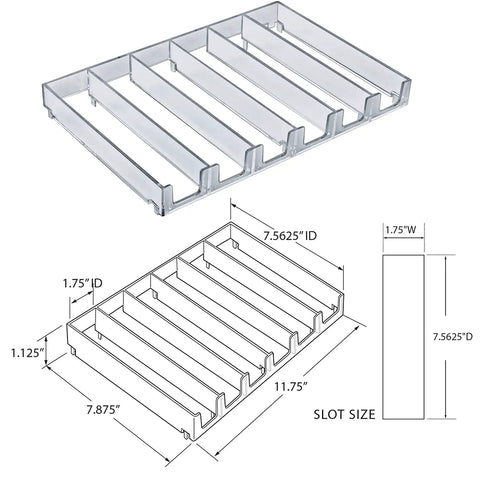 Clear 6 Compartment Cosmetic Tray Kit With Pushers, 2-Pack, Divider Bins For Makeup Organization with dimensions shown