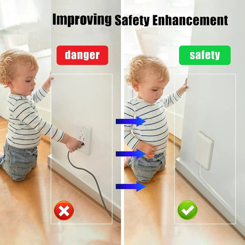 Ultra Slim Flat Plug Extension Cord Power Strip 3 Feet 3 Outlet White showing safety enhancement for child near power outlets.