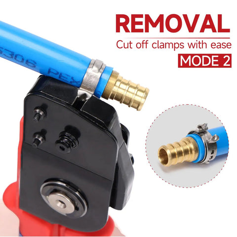 Pex Clamp Tool For Cinching And Removing Three Eighths Inch, One Half Inch, Three Quarters Inch, And One Inch Clamp Rings One Handed Pex Crimp Tool With Ratcheting Action For Fast Clean Cinching And Easy Ring Removal in use with blue PEX pipe.