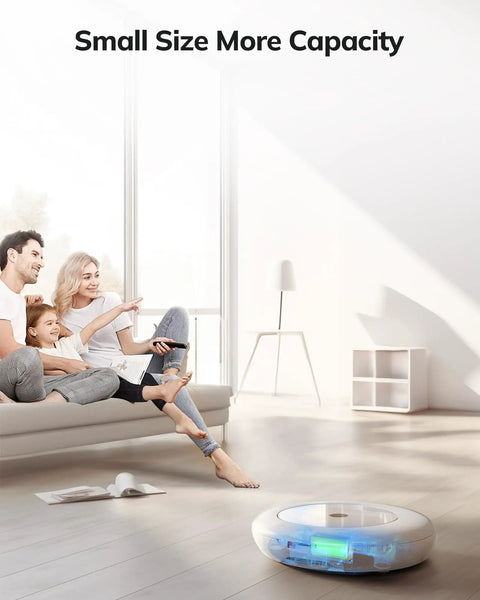 Family enjoying time together at home with Eufy RoboVac running on the floor, showcasing the Top Shelf Heavy Duty 14.4V 3200mAh Replacement Battery.