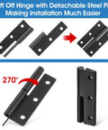 Four Pack Lift Off Door Hinges 2.5 By 1.5 Inches Stainless Steel With Self Lubricating Pins, detachable design shown in black