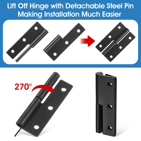Four Pack Lift Off Door Hinges 2.5 By 1.5 Inches Stainless Steel With Self Lubricating Pins, detachable design shown in black