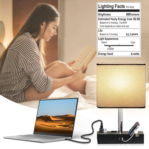 Fully Dimmable Table Lamp With Two USB Ports And Two AC Outlets, Grey shade, brightness facts, laptop charging, bedroom setting