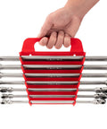 Hand holding Long Flex Head Ratcheting Box End Wrench Set, 7-Piece 6 to 19 mm, 180 Degree Flex Head for Easy Angles, Includes Holder