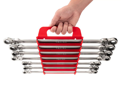 Hand holding Long Flex Head Ratcheting Box End Wrench Set, 7-Piece 6 to 19 mm, 180 Degree Flex Head for Easy Angles, Includes Holder