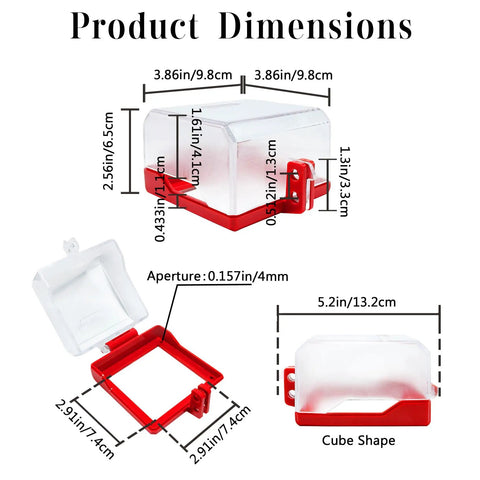 Big Transparent Emergency Stop Button Cover With Removable Base, industrial safety protector dimensions and components shown.