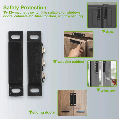 Magnetic Reed Switch NC NO Proximity Switch For Door Alarm And Window Safety, black surface mount for security, shown on various doors.