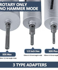 2-1/2 inch diamond dry core drill bit with 10-inch drilling depth; includes SDS Plus, SDS Max and 1/2-inch hex adapters
