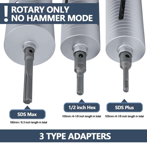 2-1/2 inch diamond dry core drill bit with 10-inch drilling depth; includes SDS Plus, SDS Max and 1/2-inch hex adapters