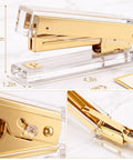 Gold Desk Stapler Set With Acrylic Finish, 20 Sheet Capacity, side view of stapler dimensions and details, home office use