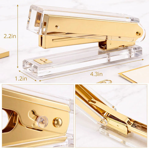 Gold Desk Stapler Set With Acrylic Finish, 20 Sheet Capacity, side view of stapler dimensions and details, home office use
