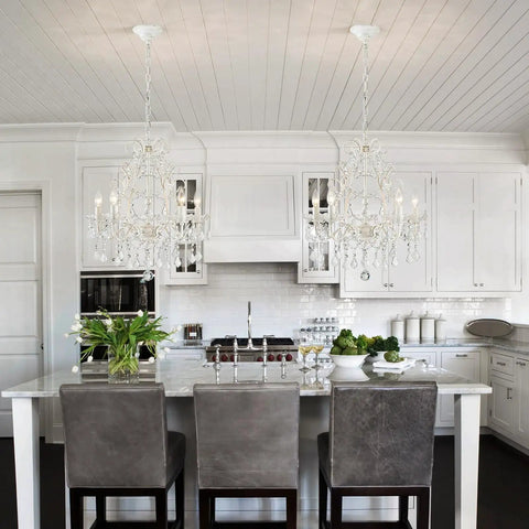 Five Light Crystal Candle Chandelier With Adjustable Chain And E12 Base For Bedroom Hallway Rustic White Ceiling Fixture in modern kitchen.
