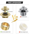 Top Shelf Brushed Gold Bathtub Drain Kit And Overflow Faceplate Built Tough Rust Resistant Metal comparison showing hair catcher and adapter bush upgrades.