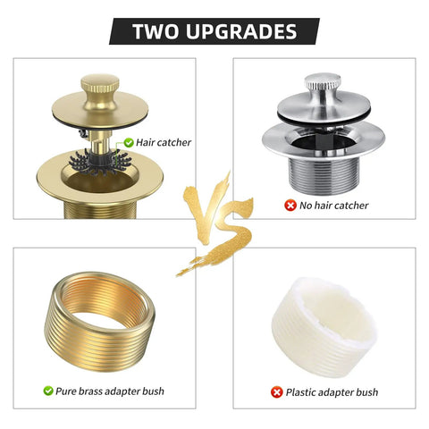 Top Shelf Brushed Gold Bathtub Drain Kit And Overflow Faceplate Built Tough Rust Resistant Metal comparison showing hair catcher and adapter bush upgrades.