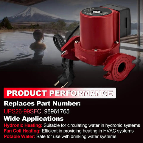 Whisper Quiet Hot Water Circulation Pump For Smooth Home Heating 230V 1 6Hp with red motor and power cord for indoor use.