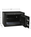 Electronic Steel Safe With Keypad And Manual Override For Home Or Office showing open door and interior dimensions