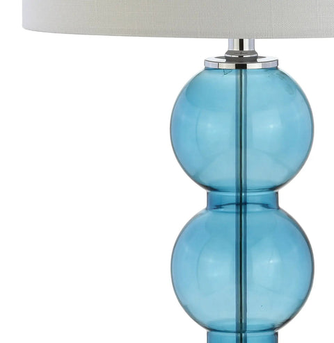 Sky Blue And Chrome Triple Sphere Glass Table Lamps Set Of 2 With White Linen Shades, modern design close-up view