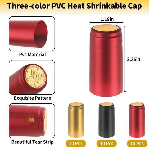 Red PVC heat shrink capsule from 60 Piece Wine Bottle Sealer Kit with Cork Stoppers and PVC Heat Shrink Capsules in Black Red Gold.