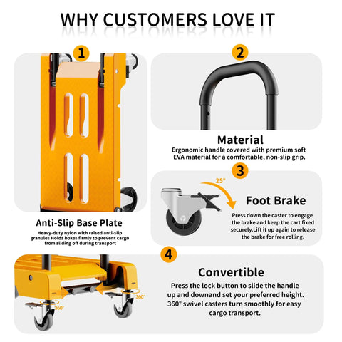 Heavy Duty Folding Hand Truck Dolly, 2 In 1 Collapsible Platform Cart with ergonomic handle and 360° swivel casters for easy transport.