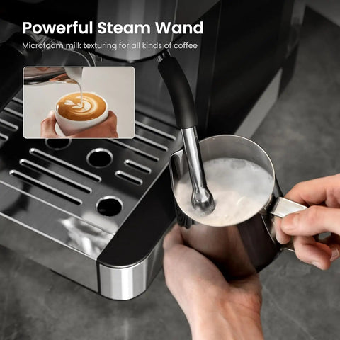 Ditch The Daily Coffee Run With This Pro Home Espresso Maker Featuring A Built In Grinder And Adjustable Milk Frother 15 Bar Extraction Pump Plus Instant Hot Water For Smooth Daily Lattes showing steam wand frothing milk.