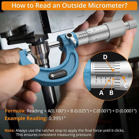 Pro Grade 0 To 1 Inch Outside Micrometer With 0.0001 Inch Resolution in use, showing reading instructions and micrometer detail.
