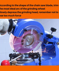 Heavy Duty Chainsaw Sharpener Grinding Wheel With Premium Chrome Oxide Abrasive For Universal Saw Chain Sharpeners To Nail High Speed Steel Teeth Smooth As Butter 3/16 Inch Thick By 5 3/4 Inch Diameter showing grinding process.