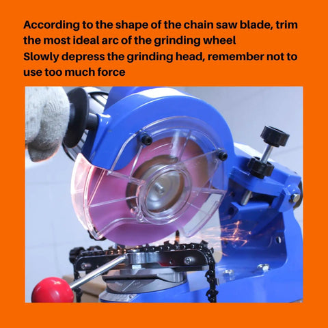 Heavy Duty Chainsaw Sharpener Grinding Wheel With Premium Chrome Oxide Abrasive For Universal Saw Chain Sharpeners To Nail High Speed Steel Teeth Smooth As Butter 3/16 Inch Thick By 5 3/4 Inch Diameter showing grinding process.