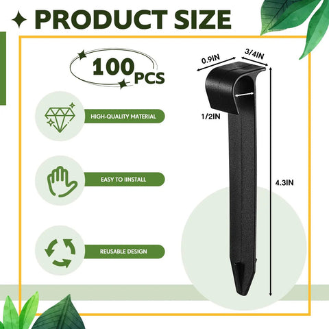 Pack Of 100 Half Inch Irrigation Tubing Hold Down Stakes Beefed Up Heavy Duty Anchors For Sprinkler Garden Landscaping Drip Lines Three Quarters Inch By Four Point Three Three Inch, shown with measurements and features.