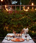 Outdoor LED String Lights 50Ft With 16 Shatterproof S14 Bulbs, 1W E26 Dimmable, 2700K Warm White lighting a backyard dining area.