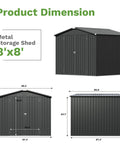 8x8 Foot Outdoor Metal Storage Shed In Black For Yard Tools, Garden Gear And Household Essentials, dimensions view