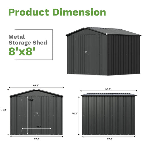 8x8 Foot Outdoor Metal Storage Shed In Black For Yard Tools, Garden Gear And Household Essentials, dimensions view