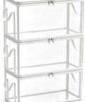 Set Of Three Thick Clear Plastic Storage Bins With Hinged Lids Heavy Duty Stackable Organizer Boxes, clear design with zip tops.