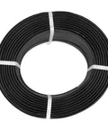 Heavy Duty Manual Packing Strap For Industrial Baler Gear Tough As Nails Pp Plastic Strapping Rope With Beefy Locking Tension Black Packaging Tape One Full Roll in a circular shape.