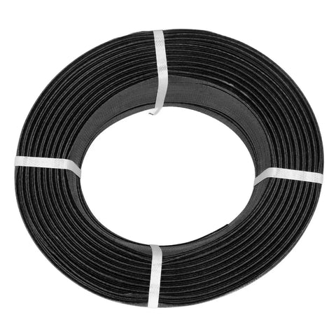 Heavy Duty Manual Packing Strap For Industrial Baler Gear Tough As Nails Pp Plastic Strapping Rope With Beefy Locking Tension Black Packaging Tape One Full Roll in a circular shape.