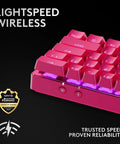 Compact Sixty Percent Wireless Gaming Keyboard Featuring Tactile Optical Switches And Sleek Magenta Build showing pink keycaps and wireless features.