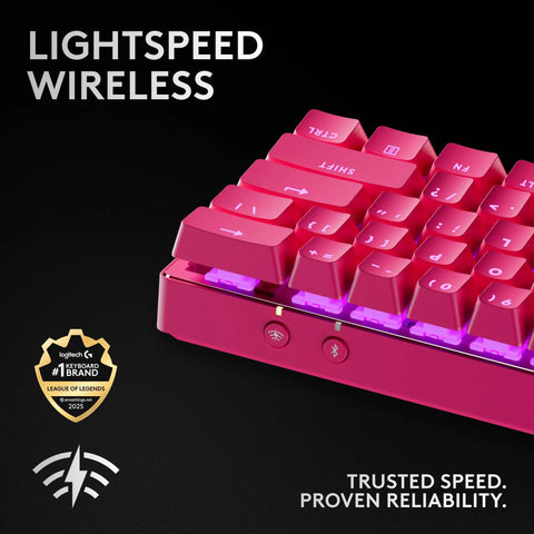 Compact Sixty Percent Wireless Gaming Keyboard Featuring Tactile Optical Switches And Sleek Magenta Build showing pink keycaps and wireless features.
