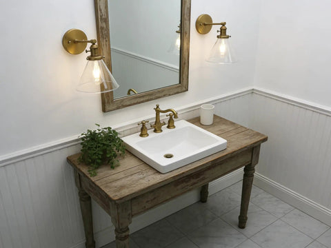 Antique Industrial Wall Sconce 1 Light With Cone Glass Shade Handblown Vintage Lampshade in rustic bathroom setting
