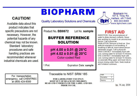 PH 4.00 And 7.00 Calibration Buffer Two Pack 500 mL Each Color Coded Lab Buffers With Lot Numbers Expiration Dates And Certificate Of Analysis For Pharma Pros And Lab Research Across Industry, pH 4.00 buffer label