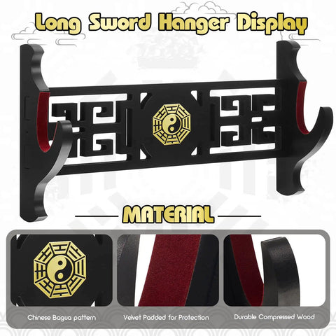One Tier Katana Wall Mount Sword Holder With Red Velvet Padding, Chinese Bagua Pattern Display Rack, side view
