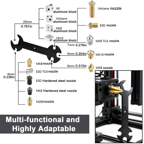 Must-Have 53 Piece 3D Printer Tool Kit With Nozzle Cleaning Needles, Brass Nozzles, wrench, and various nozzles displayed