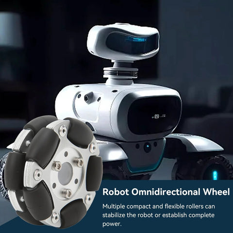Robot omni wheel replacement, 60mm double-row multi-directional wheel with rollers, shown beside a white robot