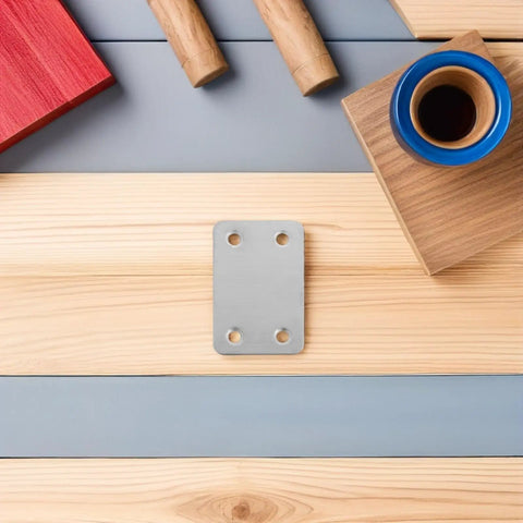 Stainless Steel Straight Brace Brackets Kit, 48 Pieces, 1.1mm Thick Flat Corner Plates with 5mm Holes on wood surface