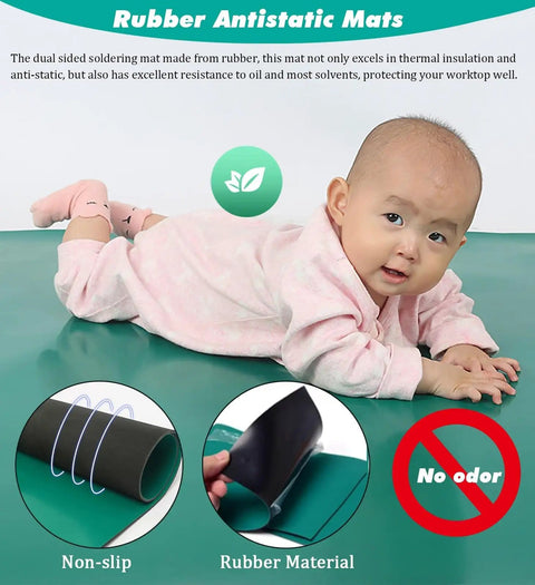 Baby lying on ESD Antistatic Rubber Mat Roll For Electronics Long Desk Soldering Pad With Lengths From 3 To 13 Feet Heat Resistant