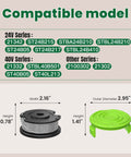 Dimensions and compatible models for Auto Feed 0.065 Inch Trimmer String Spool Replacement For Weed Eater And Weed Wacker 16 Ft Six Pack