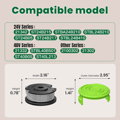 Dimensions and compatible models for Auto Feed 0.065 Inch Trimmer String Spool Replacement For Weed Eater And Weed Wacker 16 Ft Six Pack