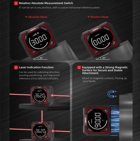 Pro Grade Laser Inclinometer And Digital Angle Meter For Absolute And Relative Readings Magnetic Inclinometer With LED Backlit Rotatable Screen 4x90 Degree Measurement Multi Unit Support MM Per Meter And Inches Per Foot Rechargeable 1000mAh Battery showing absolute and relative modes, laser alignment, and magnetic mounting