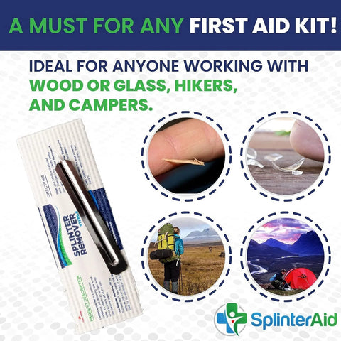 Front view of SplinterAid Painless Splinter Removal Kit (30-pack) in white wrapper with metal splinter-removal tool
