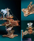 3D Wooden Spaceship Puzzle Kit For Adults, DIY Spacecraft Model Build; detailed view of assembled woodcraft craft kit.